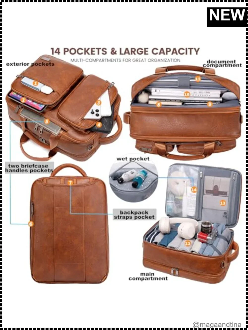 Vegan Leather 3-in-1 Convertible Laptop Backpack Briefcase Messenger Bag